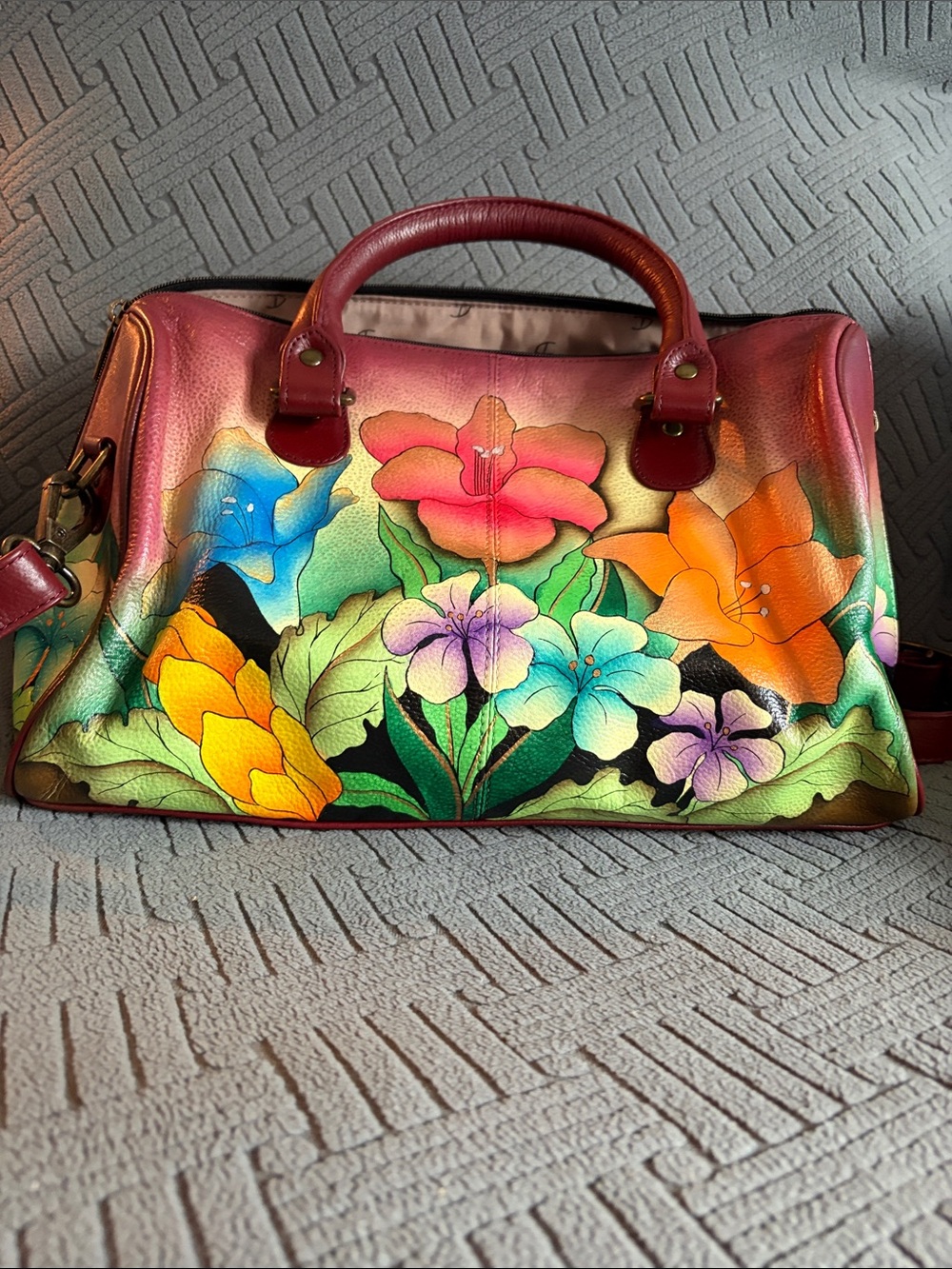 Anuschka Hand-Painted Floral Leather Crossbody — Multicolor with Red Trim